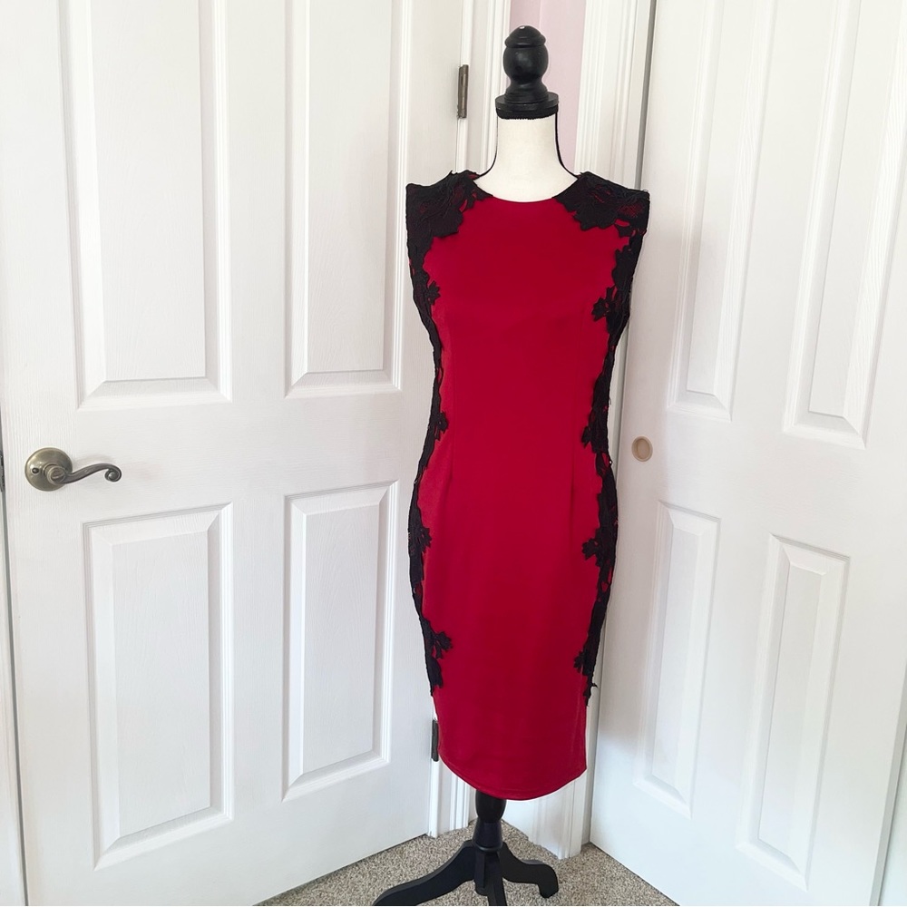 NWT A/X Paris Armani Exchange red w/black embroidered design cocktail dress sz10